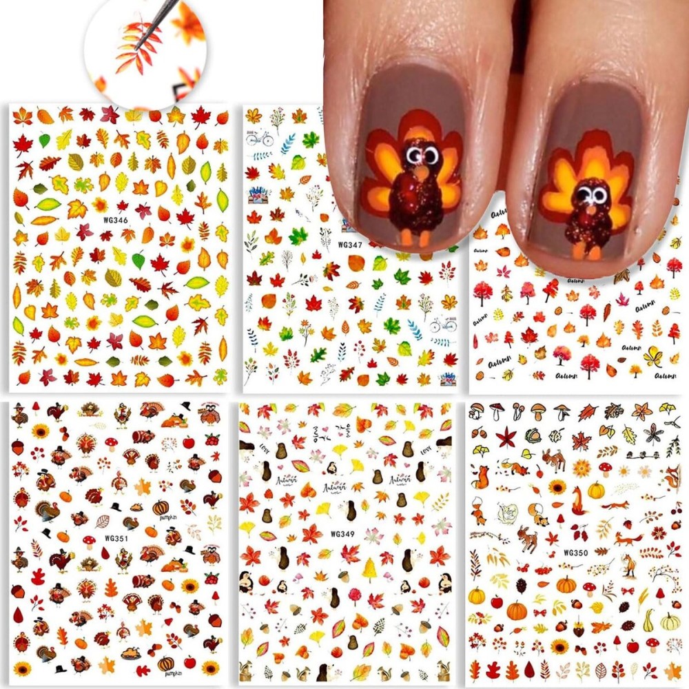 3D Thanksgiving Nail Art Stickers 6 Sheets Autumn Fall Nail Art Accessories Decals Self-Adhesive Maple Leaf Pumpkin Turkey Designs Sticker for Women Nail Arts DIY Nail Decorations Halloween Party