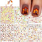 3D Thanksgiving Nail Art Stickers 6 Sheets Autumn Fall Nail Art Accessories Decals Self-Adhesive Maple Leaf Pumpkin Turkey Designs Sticker for Women Nail Arts DIY Nail Decorations Halloween Party
