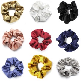 OCheng 9Pcs Silk Satin Hair Scrunchies Metallic Gold Silver Grey Scrunchie Hair Bobbles Ponytail Holder Brown Black Scrunchy Ropes Strong Elastic Hair for Women Girls