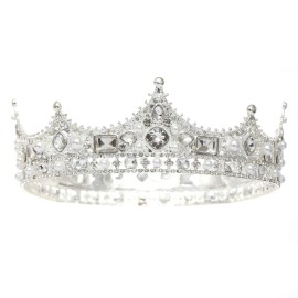 FORSEVEN King Crown for Men Crown Royal Costume Accessory Prom Tiara Baroque Vintage Crystal Pearl Bridal Wedding Tiaras Birthday Party Round Crowns (Silver)