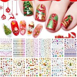 Kalolary 12 Sheets Christmas Nail Art Stickers 3D Self-Adhesive Nail Decals, Santa Claus Tree Decals Manicure Decoration for Women Girls Kids Fingernails Toenails Decor