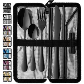 VANDBAO Portable Travel Utensils, Reusable Silverware with Case for Fixing Tableware, 9 Pieces Stainless Steel Stable Flatware Set, Camping Picnic Cutlery Set (Black Set)