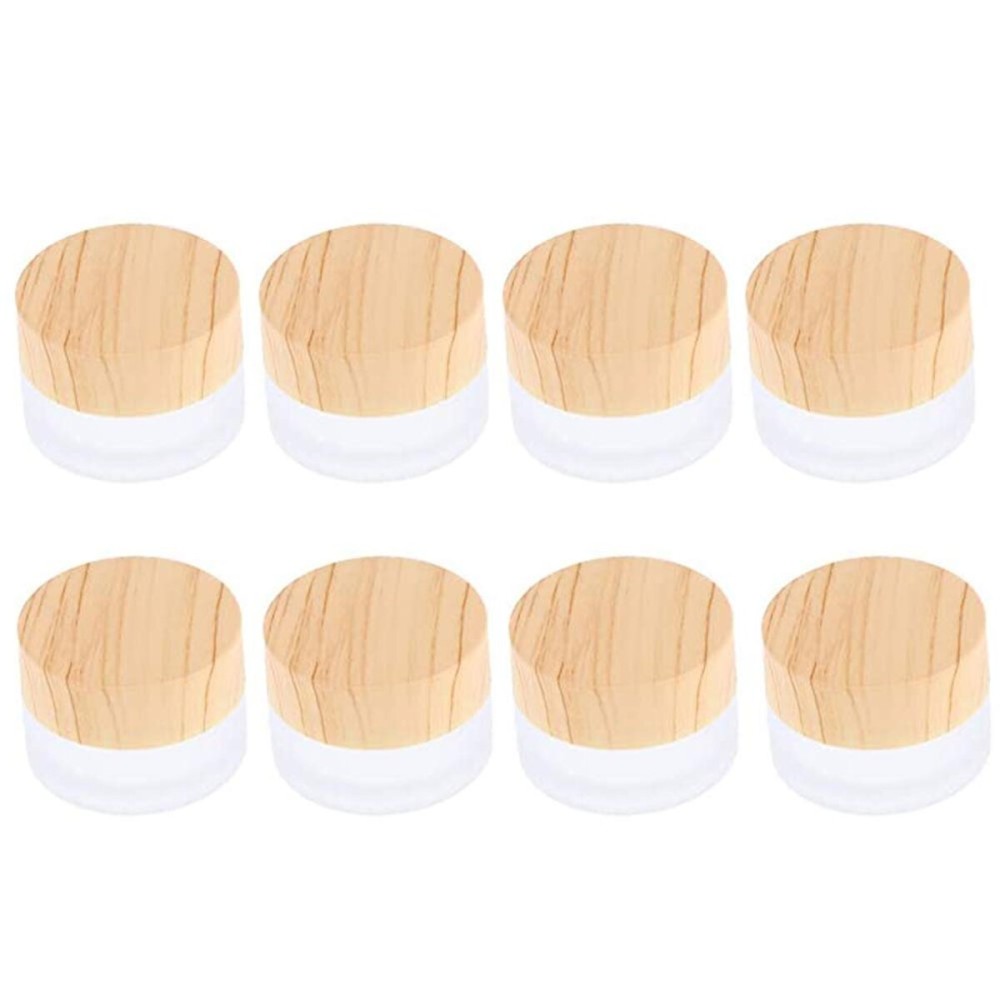 ConStore 8pcs Frosted Glass Cream Jar Bottle with Wood Grain Lid Refillable Mini Lotion Jars Empty Cosmetic Containers for Makeup Lip Balms Eyeshadow (5g)