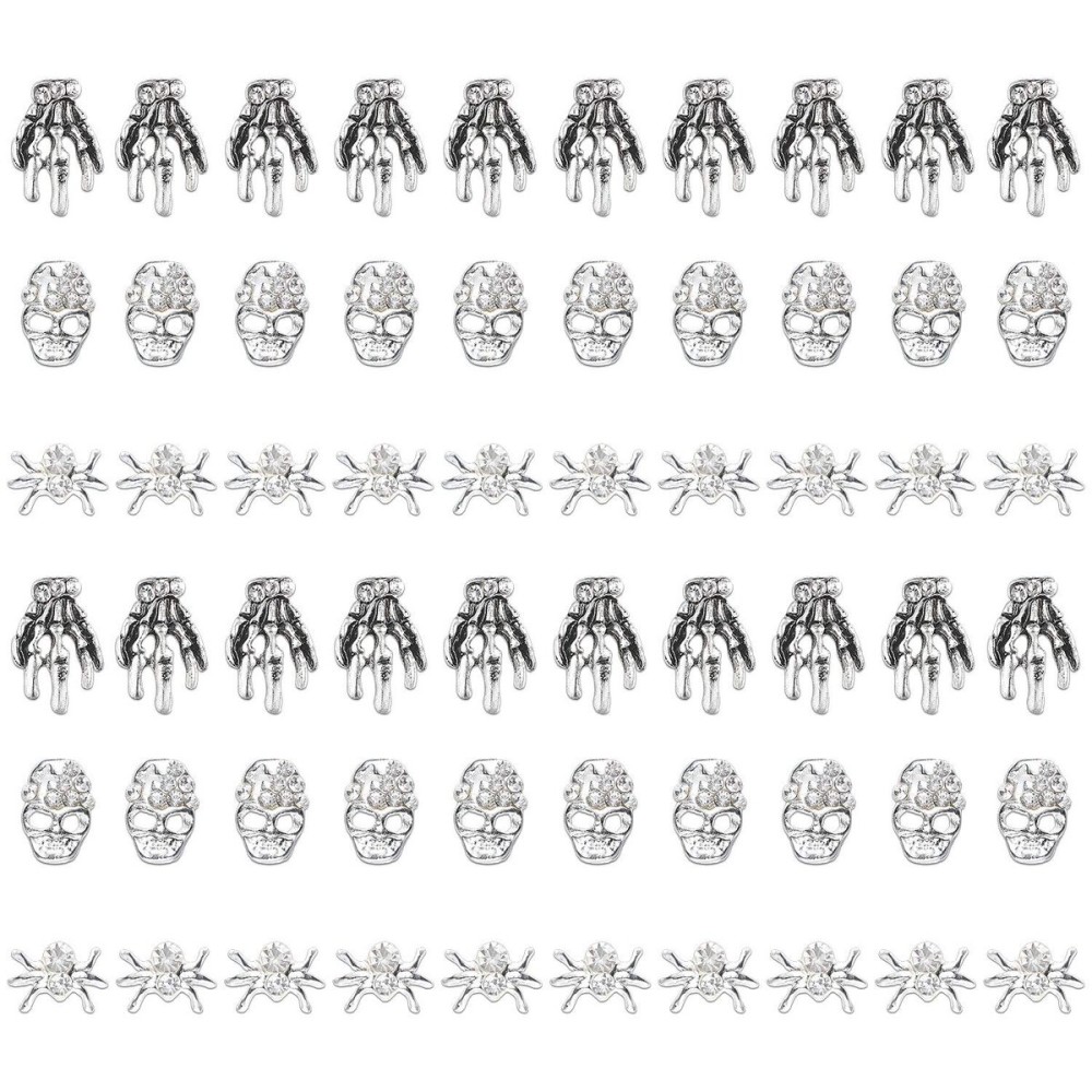 60 Pieces Halloween Nail Charms Skull Spider Nail Charms Skull 3D Spider with Rhinestones Halloween Jewelry Vintage Alloy Skeleton Hand Accessories for Women(Antique Silver)