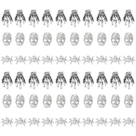 60 Pieces Halloween Nail Charms Skull Spider Nail Charms Skull 3D Spider with Rhinestones Halloween Jewelry Vintage Alloy Skeleton Hand Accessories for Women(Antique Silver)