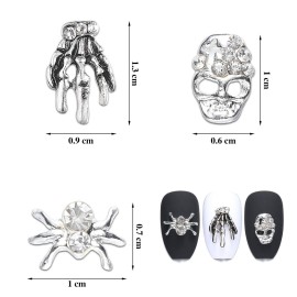 60 Pieces Halloween Nail Charms Skull Spider Nail Charms Skull 3D Spider with Rhinestones Halloween Jewelry Vintage Alloy Skeleton Hand Accessories for Women(Antique Silver)
