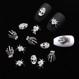 60 Pieces Halloween Nail Charms Skull Spider Nail Charms Skull 3D Spider with Rhinestones Halloween Jewelry Vintage Alloy Skeleton Hand Accessories for Women(Antique Silver)
