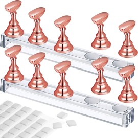 2 Set Nail Stand for Painting Press Nail Holder Acrylic Magnetic Tips Training Fingernail Display Stands DIY Crystal Holders and 96 Pieces White Reusable Adhesive Putty(Metal Rose Gold)