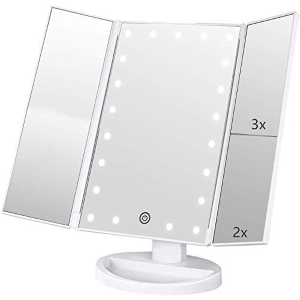 Flymiro Tri-fold Lighted Vanity Makeup Mirror with 3x/2x Magnification,21 LEDs Light and Touch Screen,180 Degree Free Rotation Countertop Cosmetic Mirror,Travel (White)