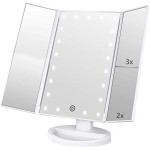 Flymiro Tri-fold Lighted Vanity Makeup Mirror with 3x/2x Magnification,21 LEDs Light and Touch Screen,180 Degree Free Rotation Countertop Cosmetic Mirror,Travel (White)