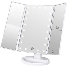 Flymiro Tri-fold Lighted Vanity Makeup Mirror with 3x/2x Magnification,21 LEDs Light and Touch Screen,180 Degree Free Rotation Countertop Cosmetic Mirror,Travel (White)