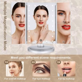 Flymiro Tri-fold Lighted Vanity Makeup Mirror with 3x/2x Magnification,21 LEDs Light and Touch Screen,180 Degree Free Rotation Countertop Cosmetic Mirror,Travel (White)