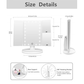 Flymiro Tri-fold Lighted Vanity Makeup Mirror with 3x/2x Magnification,21 LEDs Light and Touch Screen,180 Degree Free Rotation Countertop Cosmetic Mirror,Travel (White)
