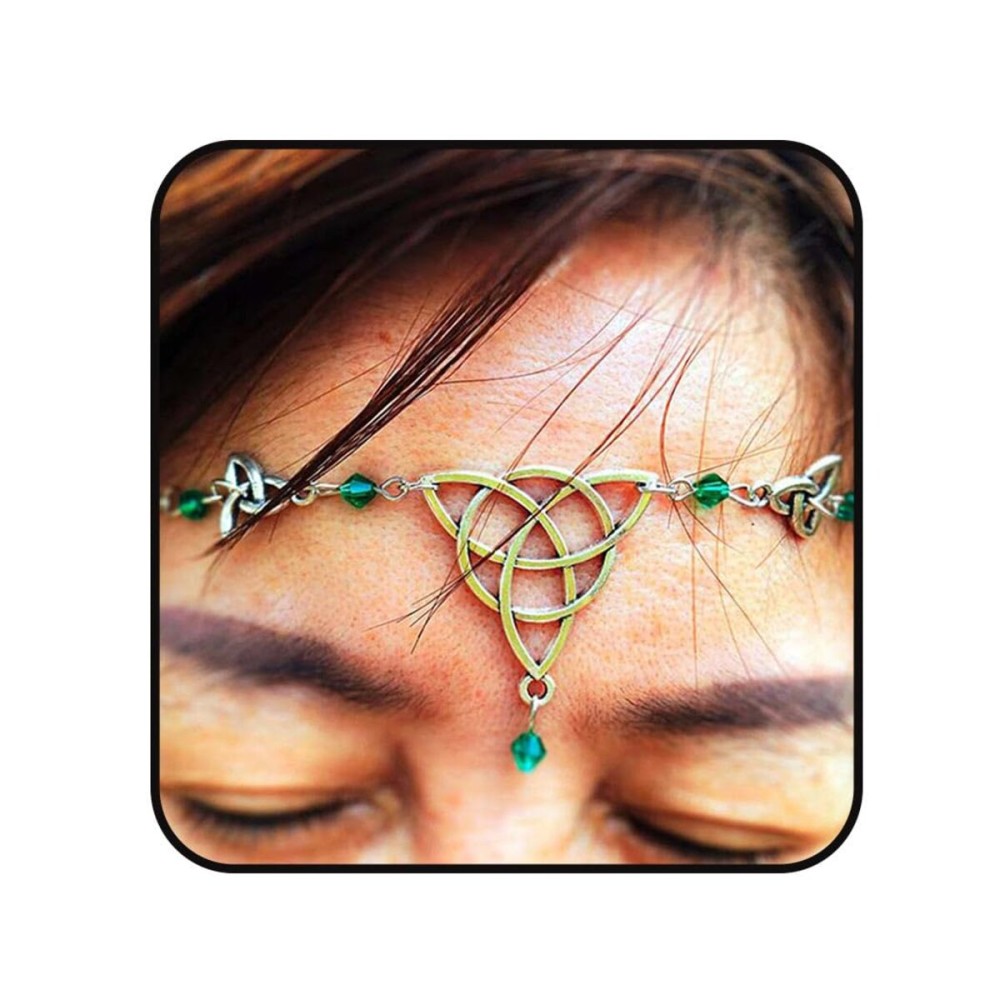 Aularso Boho Head Chain Silver Forehead Chain Irish Knot Hair Chain Crystal Headpieces Jewelry Hollow Headband Halloween Hair Accessories for Women and Girls (Green)