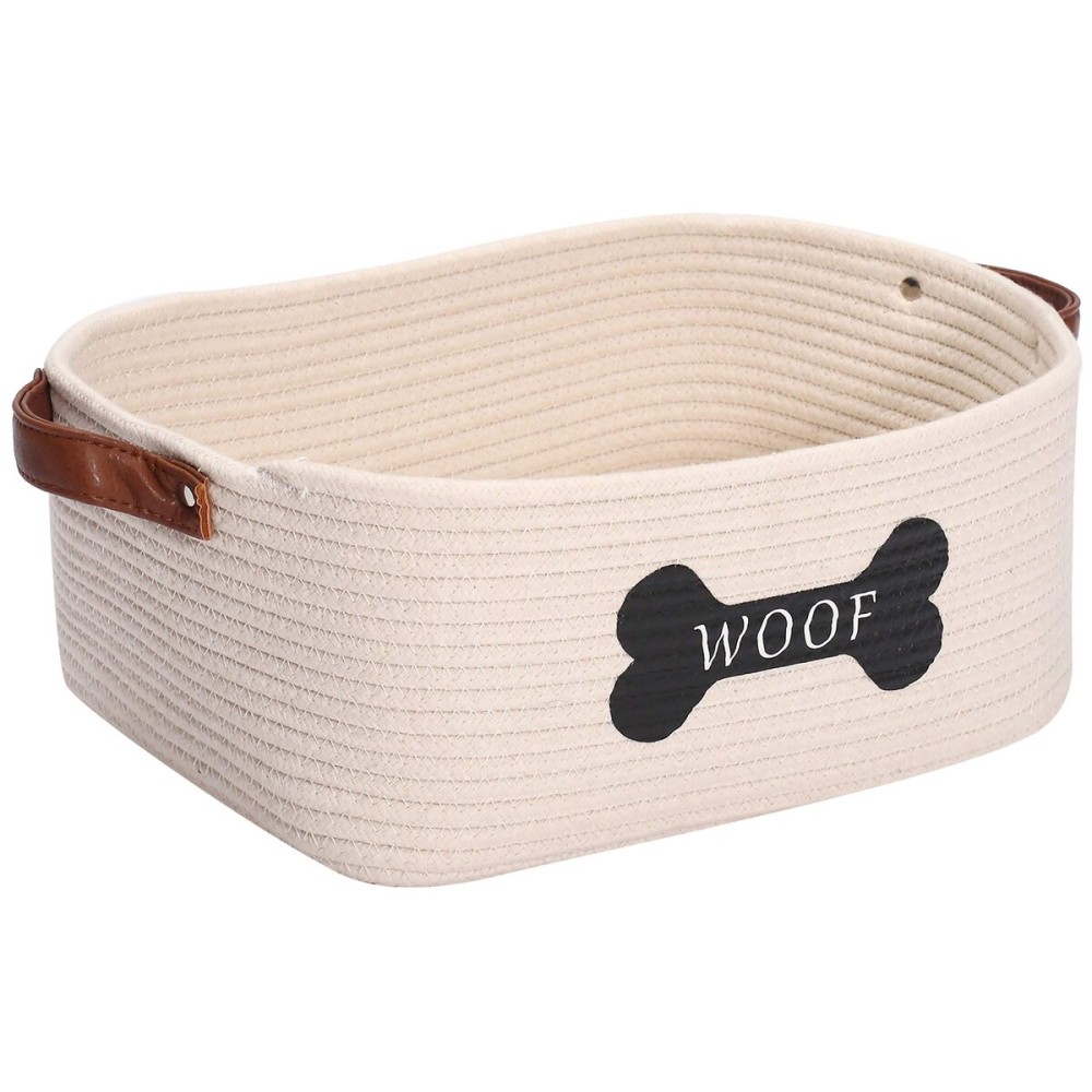 Brabtod Cotton Rope Dog Toy Storage Basket Medium, Dog Toy bin with Handle,Dog Stuff Organizer - Perfect for organizing pet Toys, Blankets, leashes, Pee mats and Diapers,Nursery Decor Basket-Beige