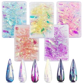 CHANGAR 5 Colors Gradient Aurora Glass Paper Nail Sticker, Reflective Mirror Design Broken Glass Stripe Line Paper Nail Decals 3D Broken Glass Pieces Mirror Foils DIY Nail Art Decoration (5 Boxes)