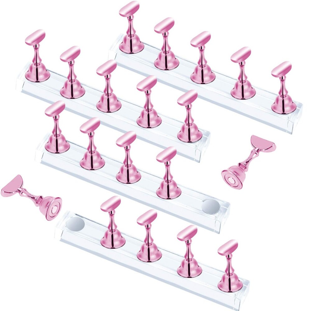 JUSTOTRY 4 Sets Pink Nail Stand for Press on Nails Display, Magnetic Fake Nails Holder for Painting Nails Practices, Beginner Acrylic Nail Art Kit Accessories, Nail Salon Equipment and Decor