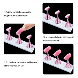 JUSTOTRY 4 Sets Pink Nail Stand for Press on Nails Display, Magnetic Fake Nails Holder for Painting Nails Practices, Beginner Acrylic Nail Art Kit Accessories, Nail Salon Equipment and Decor