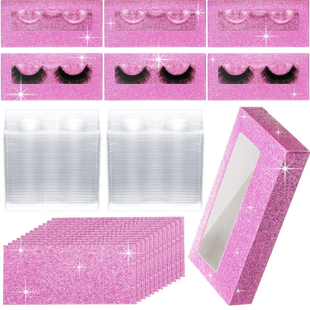 50 Sets Empty Eyelash Case Set - Lash Packaging and Storage Box With Tray and Internal Background Paper (Pink)