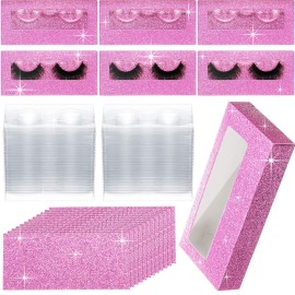 50 Sets Empty Eyelash Case Set - Lash Packaging and Storage Box With Tray and Internal Background Paper (Pink)