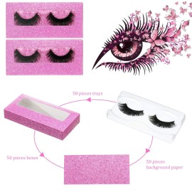 50 Sets Empty Eyelash Case Set - Lash Packaging and Storage Box With Tray and Internal Background Paper (Pink)