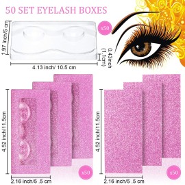 50 Sets Empty Eyelash Case Set - Lash Packaging and Storage Box With Tray and Internal Background Paper (Pink)