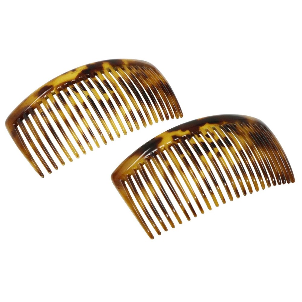 Parcelona French Glossy 23 Teeth Large 4 1/4 Celluloid Acetate Set of 2 No Slip Grip Side Hair Combs for Women, Made in France (Savana)