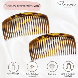 Parcelona French Glossy 23 Teeth Large 4 1/4 Celluloid Acetate Set of 2 No Slip Grip Side Hair Combs for Women, Made in France (Savana)