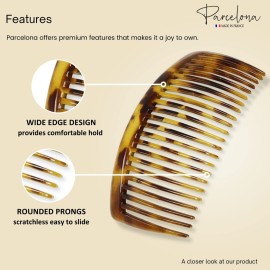 Parcelona French Glossy 23 Teeth Large 4 1/4 Celluloid Acetate Set of 2 No Slip Grip Side Hair Combs for Women, Made in France (Savana)