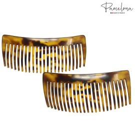 Parcelona French Glossy 23 Teeth Large 4 1/4 Celluloid Acetate Set of 2 No Slip Grip Side Hair Combs for Women, Made in France (Savana)