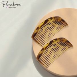 Parcelona French Glossy 23 Teeth Large 4 1/4 Celluloid Acetate Set of 2 No Slip Grip Side Hair Combs for Women, Made in France (Savana)