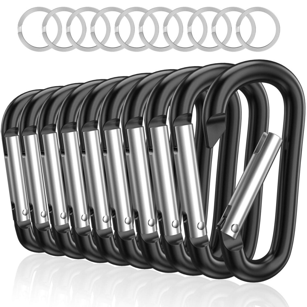 Sprookber 3 Aluminum Carabiner D Ring, Caribeener Clips, Spring Snap Hook for Keychain Clip, Set of 10 (Black)