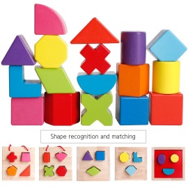 BESTAMTOY Shape Sorter Toy My First Wooden 12 Building Blocks Geometry Learning Matching Sorting Gifts Didactic Classic Toys for Toddlers Baby Kids 31 Years Old Up Fourteen Hole Toy