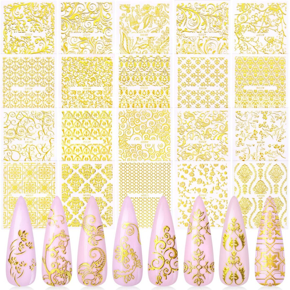 KISSBUTY Metallic Flowers & Vine Nail Decals - 20 Sheets 3D Flower Lace Adhesive Stickers - Gold Floral Nail Decor KISSBUTY Metallic Flowers & Vine Nail Decals - 20 Sheets 3D Flower Lace Adhesive Stickers - Gold Floral Nail Decor