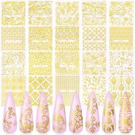 KISSBUTY Metallic Flowers & Vine Nail Decals - 20 Sheets 3D Flower Lace Adhesive Stickers - Gold Floral Nail Decor