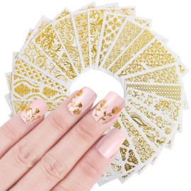 KISSBUTY Metallic Flowers & Vine Nail Decals - 20 Sheets 3D Flower Lace Adhesive Stickers - Gold Floral Nail Decor KISSBUTY Metallic Flowers & Vine Nail Decals - 20 Sheets 3D Flower Lace Adhesive Stickers - Gold Floral Nail Decor