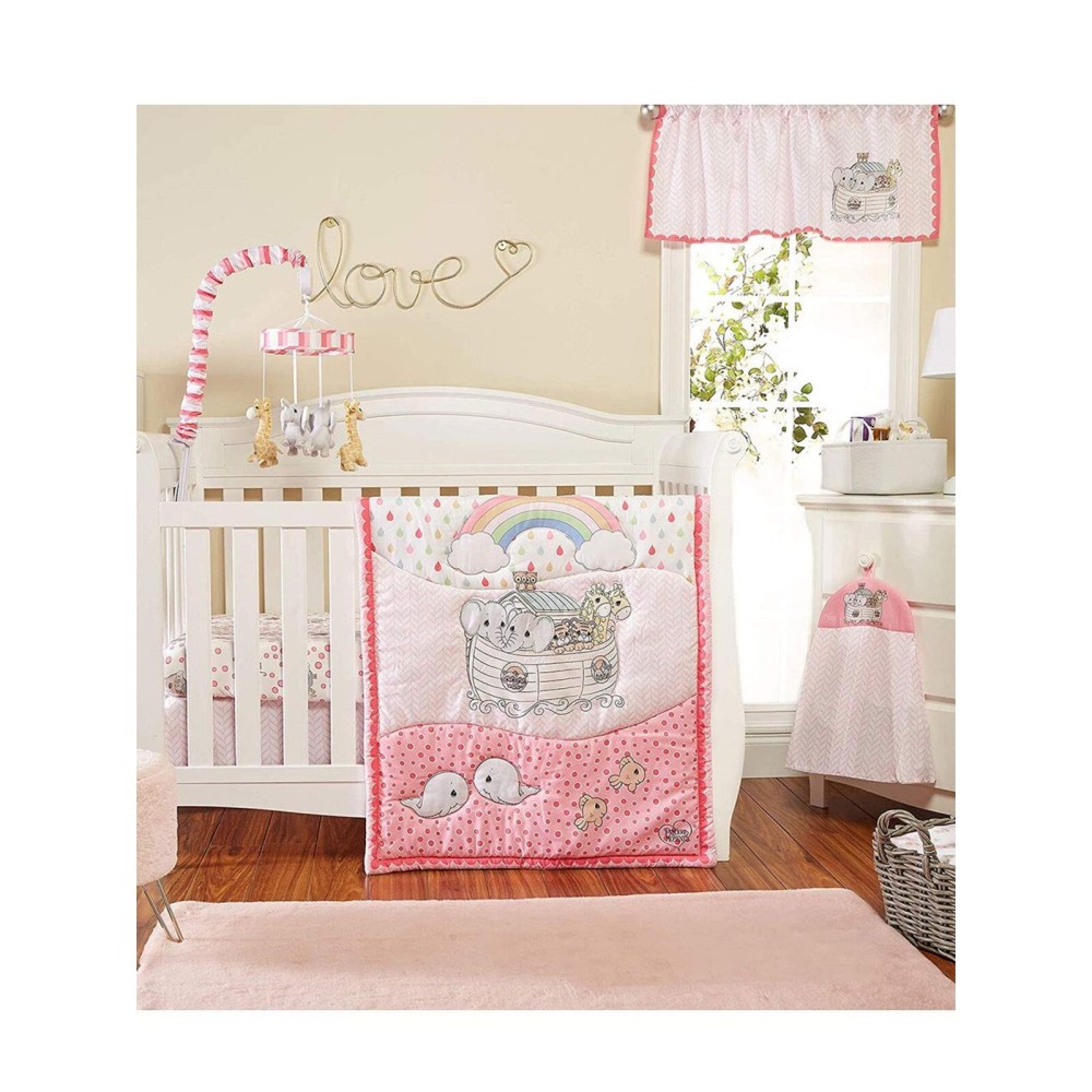EVERYDAY KIDS Precious Moments Noahs Ark 4 Pc Crib Bedding for Girls Nursery Set Includes Baby Bed Quilt, Fitted Sheet, Dust Ruffle and Diaper Stacker with Sweet Images of Elephants and Giraffes