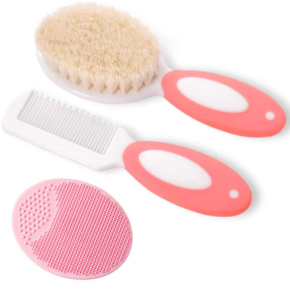 Baby Hair Brush and Comb Set for Newborns & ToddlersNatural Soft BristlesIdeal for Cradle Cap Baby Registry Gift (Pink)