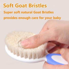 Baby Hair Brush and Comb Set for Newborns & Toddlers | Natural Soft Goat Bristles | Ideal for Cradle Cap | Perfect Baby Registry Gift (Blue)