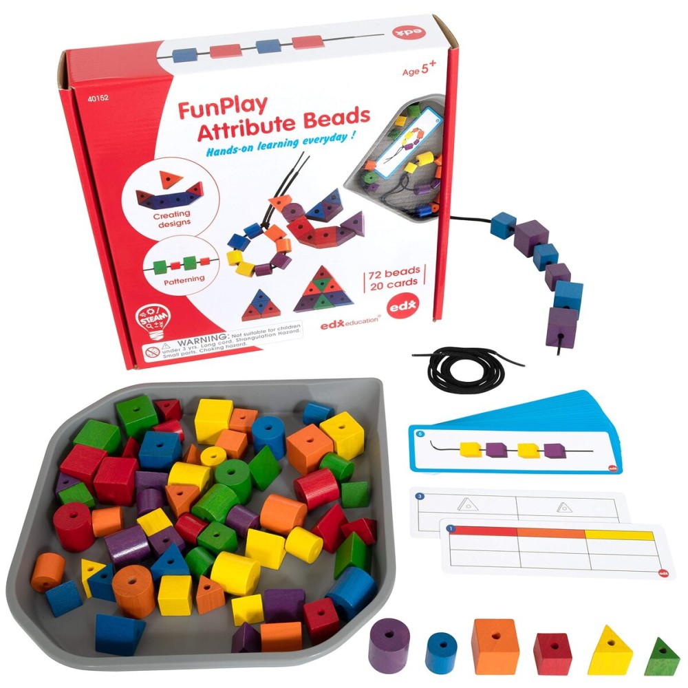 edxeducation FunPlay Attribute Beads - Homeschool Kit for Kids - 60 Wooden Lacing Beads + 2 Laces + 40 Activities + Messy Tray