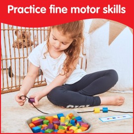 edxeducation FunPlay Attribute Beads - Homeschool Kit for Kids - 60 Wooden Lacing Beads + 2 Laces + 40 Activities + Messy Tray