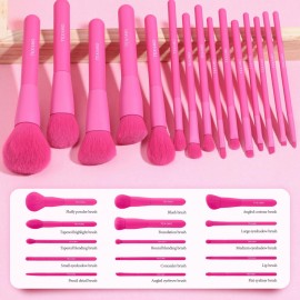 Makeup Brush Set, 15 Piece Quality Makeup Brushes, Premium Synthetic Make Up Brushes for Foundation Powder Blush Highlighter Concealer Makeup Brush Kit for Travel, Hot Pink