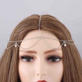 Blindery Boho Head Chain Pearl Head Jewelry Silver Headpiece Layered Hair Chain Wedding Festival Hair Accessories for Women and Girls Blindery Boho Head Chain Pearl Head Jewelry Silver Headpiece Layered Hair Chain Wedding Festival Hair Accessories for Women and Girls