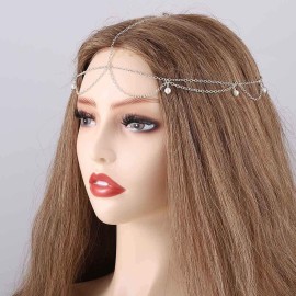 Blindery Boho Head Chain Pearl Head Jewelry Silver Headpiece Layered Hair Chain Wedding Festival Hair Accessories for Women and Girls Blindery Boho Head Chain Pearl Head Jewelry Silver Headpiece Layered Hair Chain Wedding Festival Hair Accessories for Women and Girls