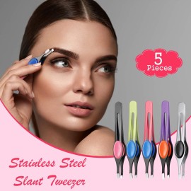 Chumia 5 Pieces Non-Slip Grip Tweezers Slanted Tip Stainless Steel Tweezer Wide Precision Tip Clip Tweezer for Ingrown Hair Eyebrow Shaping Splinter Blackhead Remover (Colorful Rubber Grip)