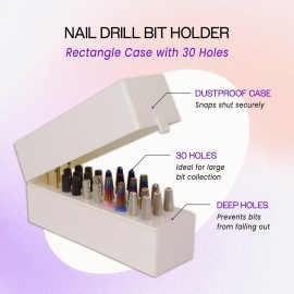 PANA Rectangle Nail Drill Bit Holder Display Organizer Case - Dustproof Carbide Bit Storage Container Box For Manicure Tools Nail Salon - 30 Holes White (Drill Bits Not Included) PANA Rectangle Nail Drill Bit Holder Display Organizer Case - Dustproof Carbide Bit Storage Container Box For Manicure Tools Nail Salon - 30 Holes White (Drill Bits Not Included)