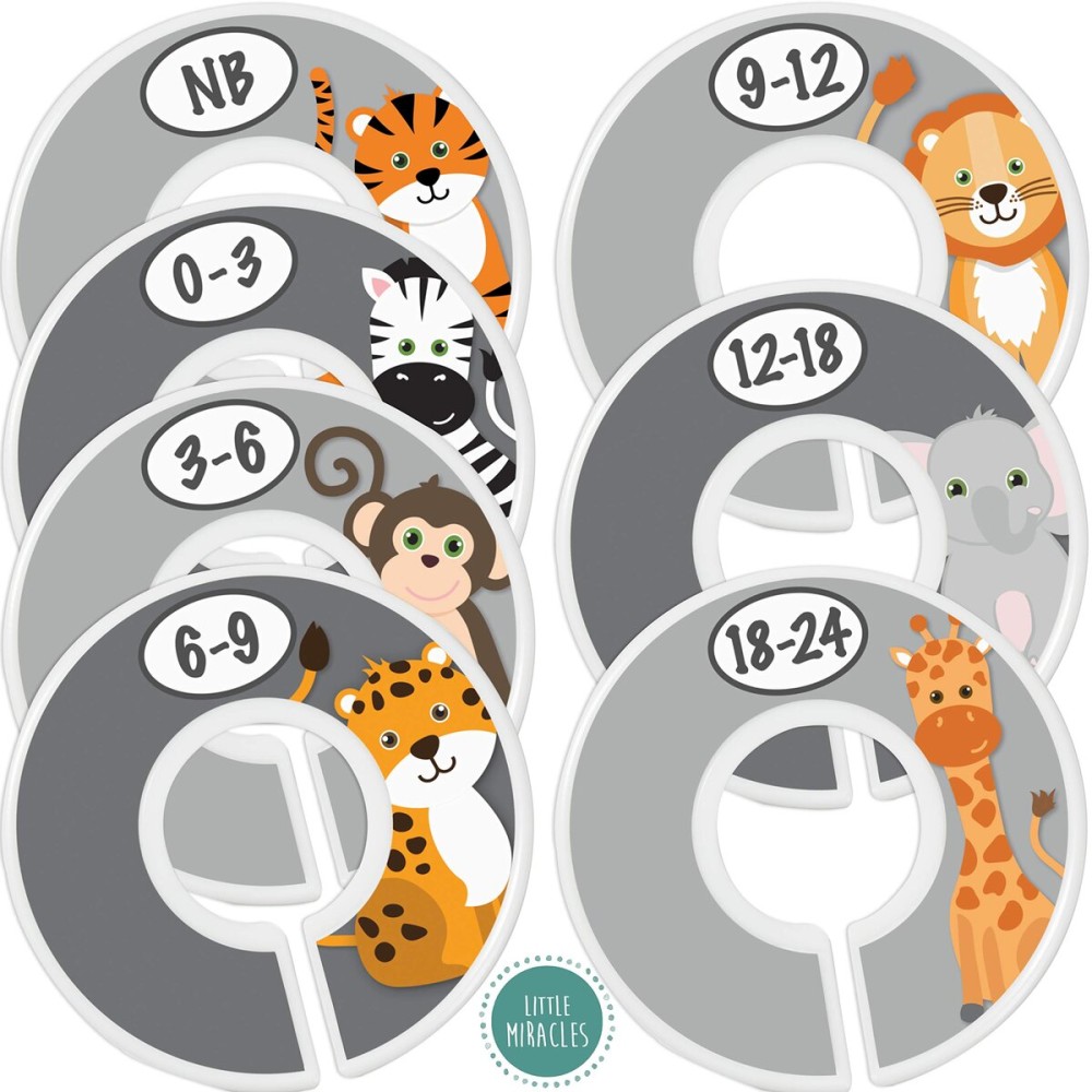Safari Nursery Closet Size Dividers - 7X for Baby Clothes - Elephant Giraffe Zebra Lion Monkey Decor - for Boy or Girl - [Safari] [Grey/Gray]