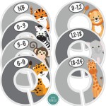 Safari Nursery Closet Size Dividers - 7X for Baby Clothes - Elephant Giraffe Zebra Lion Monkey Decor - for Boy or Girl - [Safari] [Grey/Gray]