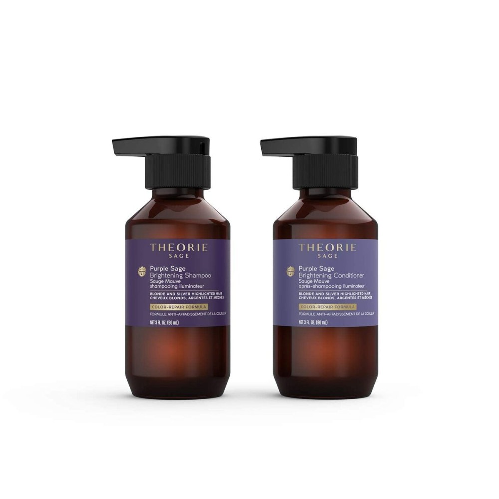 THEORIE Purple Sage Travel Set - Brightening Shampoo & Conditioner minis - Color Repair Formula - Eliminate Brassiness & Yellowing - Suited for Blonde & Highlighted Hair, Bottles 90mL each THEORIE Purple Sage Travel Set - Brightening Shampoo & Conditioner minis - Color Repair Formula - Eliminate Brassiness & Yellowing - Suited for Blonde & Highlighted Hair, Bottles 90mL each