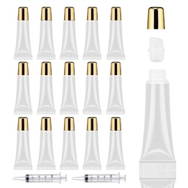 AMORIX 50PCS Lip Gloss Containers 10ml Gold Lip Gloss Tubes Empty Lip Balm Tubes Squeeze Tubes Lipgloss Supplies Lip Gloss Kit for Lip Gloss Base + 2 x 20ml Syringes & Labels